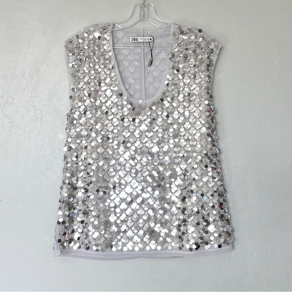 Zara Tops - Zara Silver Sequin Sleeveless Top Blouse Size S (NWOT)
